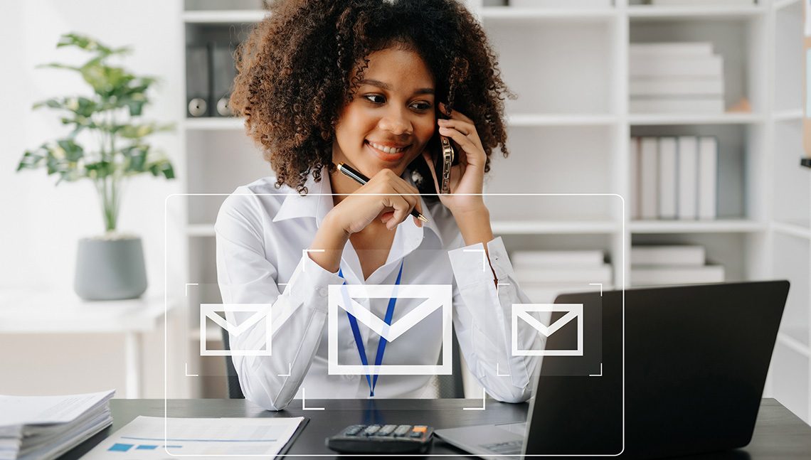 African Woman hands using Laptop, tablet typing on keyboard and surfing the internet with email icon, email marketing concept, send e-mail or newsletter, online working internet network technology.